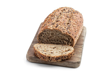Sliced wholemeal rye bread with pearl barley isolated on white