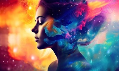 beautiful fantasy abstract portrait of a beautiful woman double exposure with a colorful digital...