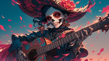 A skeleton in Mexican attire playing the guitar