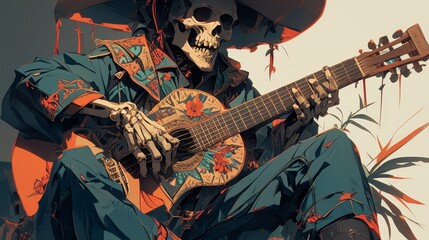 A skeleton wearing an old Mexican hat and playing the guitar, dressed in blue jeans with colorful patterns on them. The background is a dark gray, creating a mysterious atmosphere. 