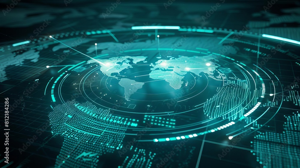Poster global topographic map with futuristic radar interface communication technology concept