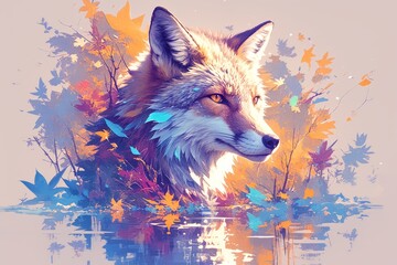 Naklejka premium A vibrant and colorful painting of the head of a fox with bright colors and brush strokes creating dynamic splashes across its face. 
