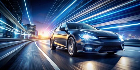 Fototapeta premium a close up of a car driving on a highway at night, car moving fast, car on highway