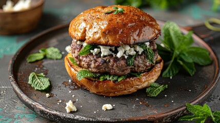 gourmet lamb burger with feta cheese and mint on stoneware plate food photography