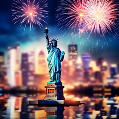 The Statue of Liberty with blurred background of cityscape with beautiful fireworks at night,...