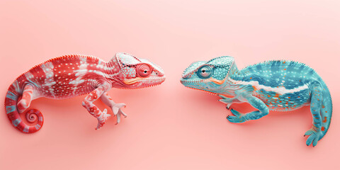 Two chameleons on a bright background, minimal concept 