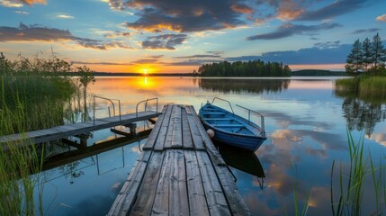 Obraz premium Wooden pier with fishing boat at sunset on a lake in rural Finland