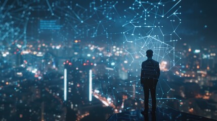 Fototapeta premium Businessman standing on Smart city map with big data connection technology concept AI generated