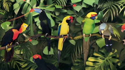 Brightly colored tropical birds perched on branches