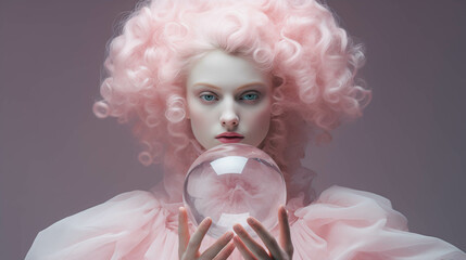 A woman in bright pink with a crystal ball, a minimal concept of a sorceress