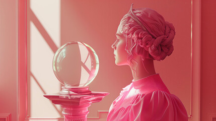 A woman in pink with a crystal ball on a pedestal, a minimal concept of a sorceress