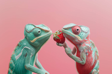 Two chameleons and a strawberry on a bright background, minimal concept 