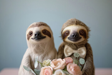 Pair of two toy sloths with fawn fur, wearing bow ties and holding flower bouquets. Generative AI
