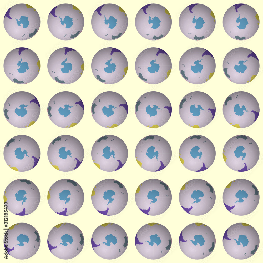 Poster collection of planet globes. south pole sphere view. rotation step 10 degrees. colored continents st