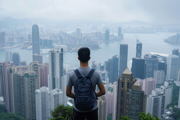 Hong Kong. a man with a backpack is standing on top of a hill overlooking a city. Generative AI