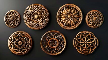 intricate handcrafted wooden celtic mandala set ornamental round wood carving artwork digital illustration