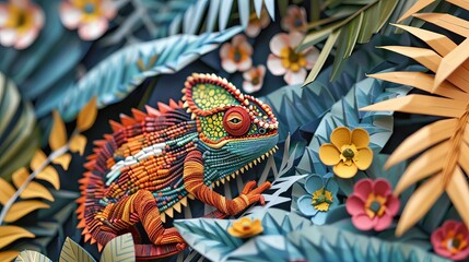 intricate paper art featuring vibrant multicolored chameleon nestled among delicately crafted plants showcasing meticulous detail and texture