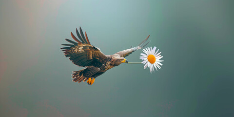 An eagle and spring flower on a bright background,  minimal concept