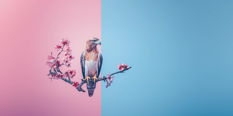 An eagle and spring flower on a bright background,  minimal concept, copy space