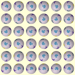 Collection of planet globes. South Pole sphere view. Rotation step 10 degrees. Colored continents style. World map with graticule lines on creamy background. Splendid vector illustration.