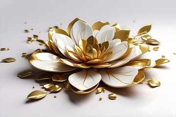 3D flower made of gold metal, white background and smooth all around