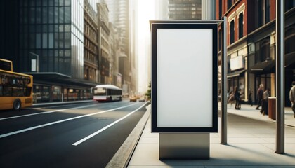 Vertical blank white billboard at bus stop on city street. In the background buildings and road. Mock up. Poster on street next to roadway.