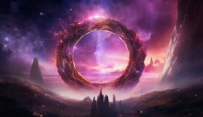 fantasy illustration of a pink colored portal in space on strange planet