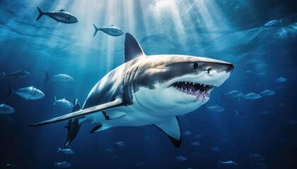 Naklejka premium The great White Shark in the ocean, portrait of White shark hunting prey in the underwater