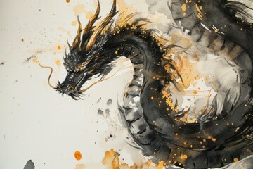 Obraz premium Colossal Fairytale golden dragon reptile. Animal portrait. Generate Ai