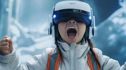 Super excited 9-year-old girl is experience futuristic VR headset 