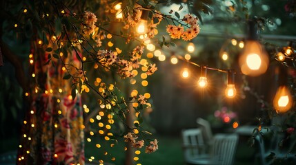 The photo shows a beautiful garden with a variety of flowers and plants. There are also several lights hanging from the trees. The overall effect is one of peace and tranquility.