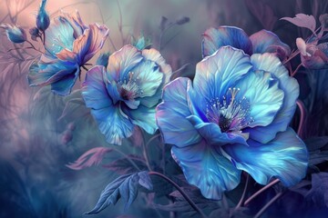 Naklejka premium Luminous blue fantasy flowers. Spring floral. Generate Ai