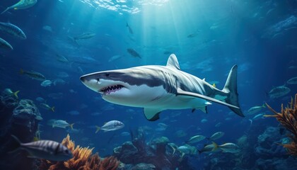 Fototapeta premium The great White Shark in the ocean, portrait of White shark hunting prey in the underwater