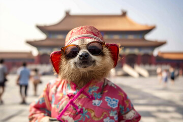 Beijing. A Fawn dog wearing sunglasses and a hat is in front of a building. Generative AI