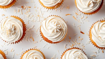 Vanilla cupcakes with cream cheese frosting and shredded coconut topping on a white background. Flat lay composition with copy space. Dessert and celebration concept for design and print.