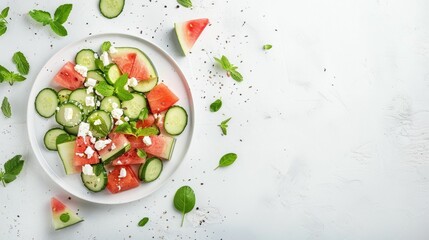 A refreshing salad featuring watermelon, cucumbers, feta cheese, and mint, served on a vibrant blue background. This dish combines fresh ingredients to create a colorful and delicious cuisine staple