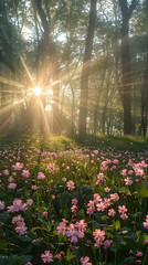 The sun shines through the pink flowers in a field, creating a beautiful natural landscape with lush vegetation and vibrant colors