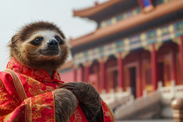 Beijing. A sloth with a red robe sits by a temple, smiling happily. Generative AI