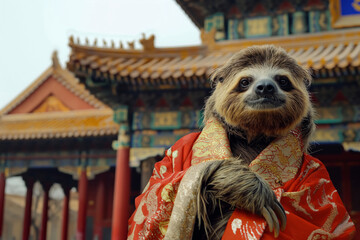 Beijing. A sloth in a red robe stands before a temple in front of Chinese architecture. Generative AI