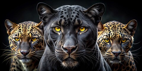  black leopard with yellow eyes in the dark, panther, the smooth black jaguar, big cat eyes