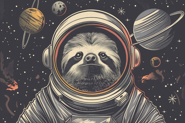 An illustration of a sloth wearing an astronauts helmet in space. Generative AI