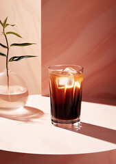 Tall crystal glass of iced coffee or tea in sunlight on summer day. Cafe menu concept or any drinks design project.