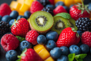 Obraz premium A colorful assortment of fruits including strawberries, blueberries, kiwi