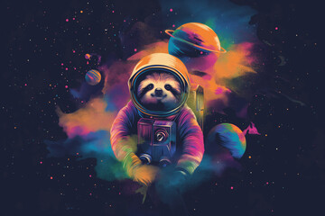 Purple sloth in Electric blue space suit floats through darkness. Generative AI
