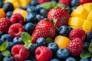 Obraz premium A colorful assortment of berries and fruit including strawberries, blueberries
