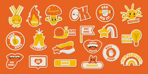 Set of Stickers Positive Saying Good job, nice work, super, bravo, well done. Vector Illustration in Retro Groovy Style.