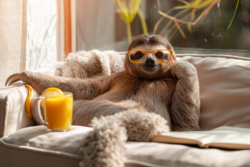 A sloth with sunglasses lounges on a couch next to a cup of orange juice. Generative AI