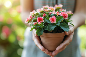 Art of Gardening. A woman is holding a houseplant with pink flowers in a flowerpot. Generative AI