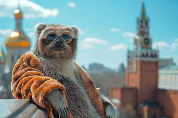 Moscow. A sloth in a fur coat and sunglasses sits on a railing, under the cloudy sky. Generative AI