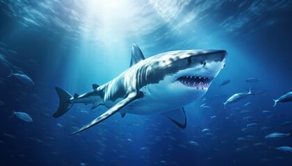 Fototapeta premium The great White Shark in the ocean, portrait of White shark hunting prey in the underwater